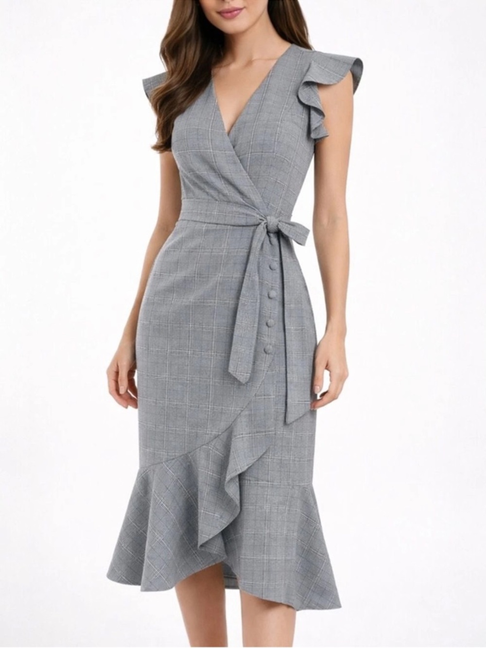 ANTONIO MELANI Gray Glen Plaid Ruffle-Hem Wrap Midi Dress